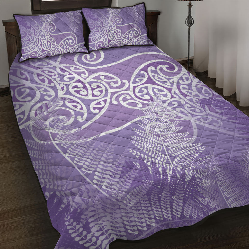 Aotearoa Maori Koru Curves Quilt Bed Set Silver Ferns - Amethyst LT7 Purple - Polynesian Pride