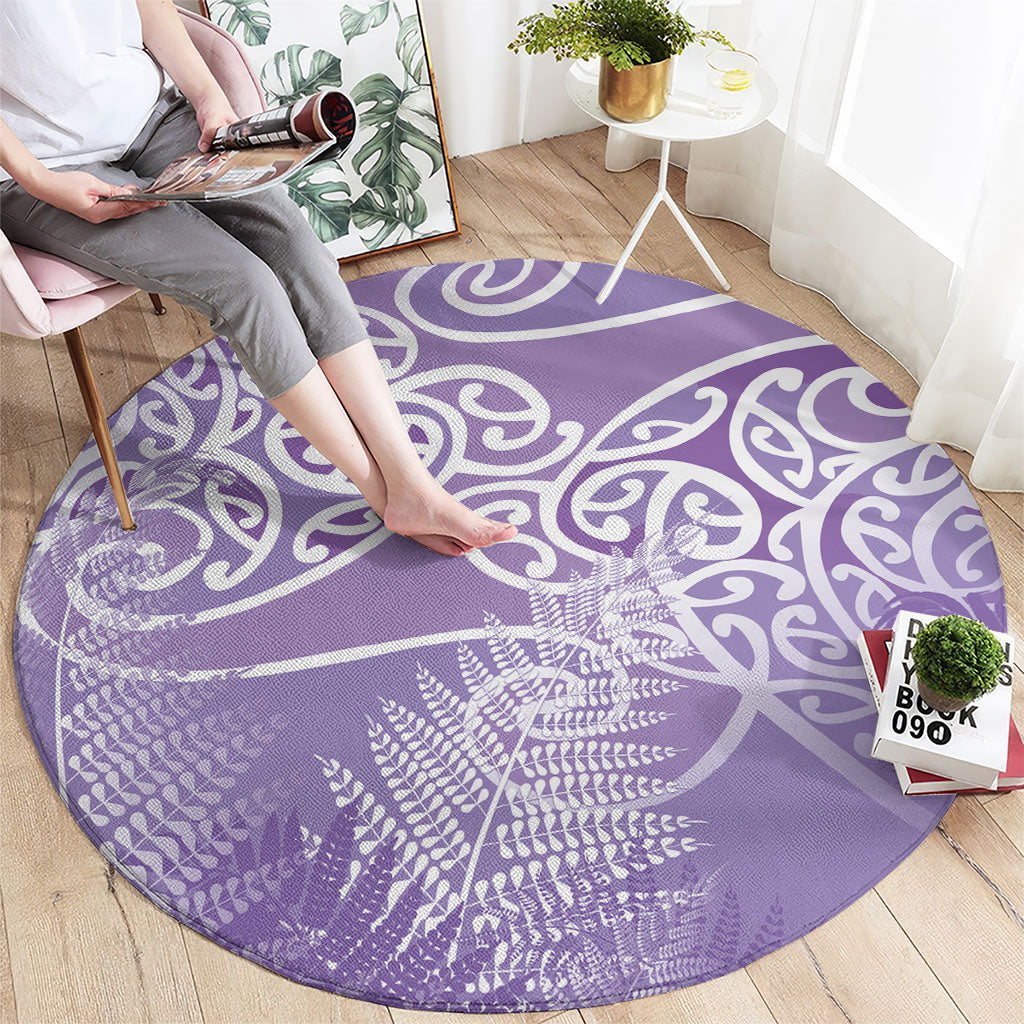 Aotearoa Maori Koru Curves Round Carpet Silver Ferns - Amethyst LT7 - Polynesian Pride