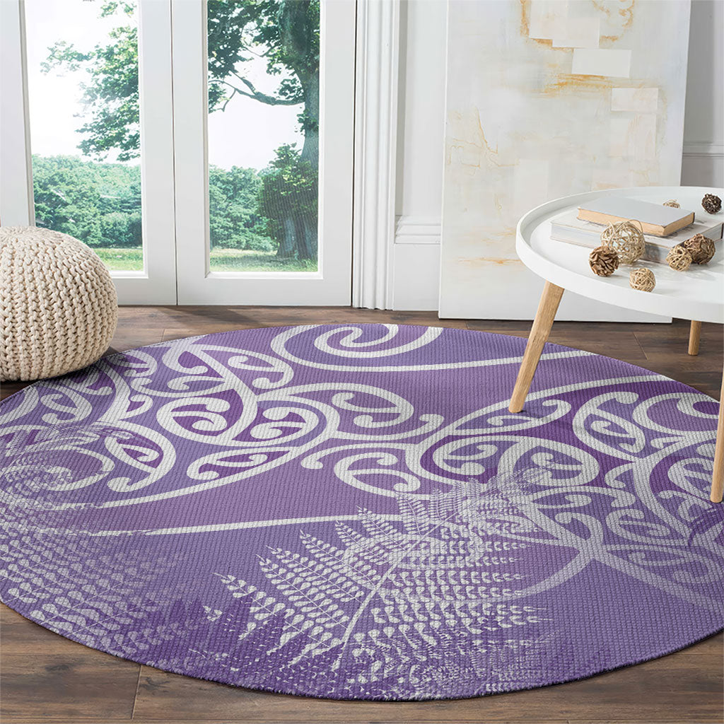 Aotearoa Maori Koru Curves Round Carpet Silver Ferns - Amethyst LT7 - Polynesian Pride