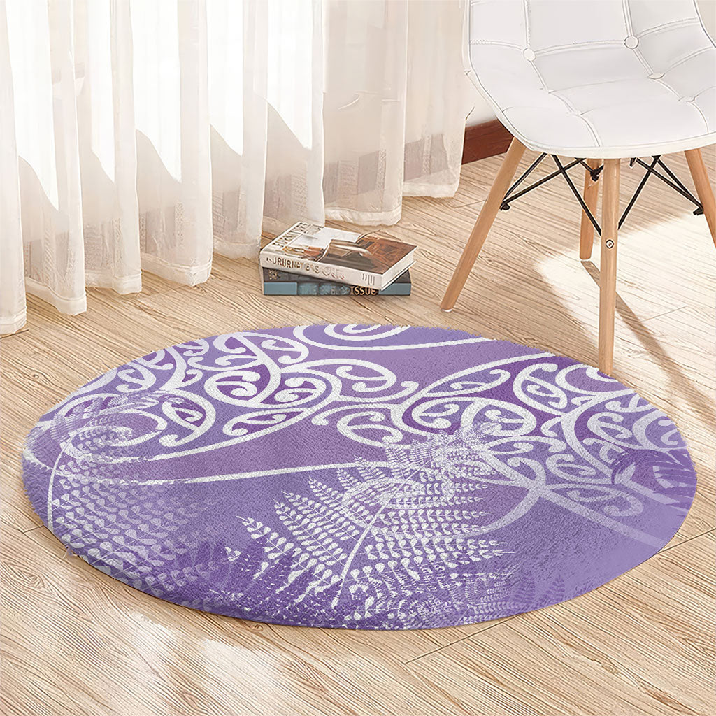 Aotearoa Maori Koru Curves Round Carpet Silver Ferns - Amethyst LT7 - Polynesian Pride