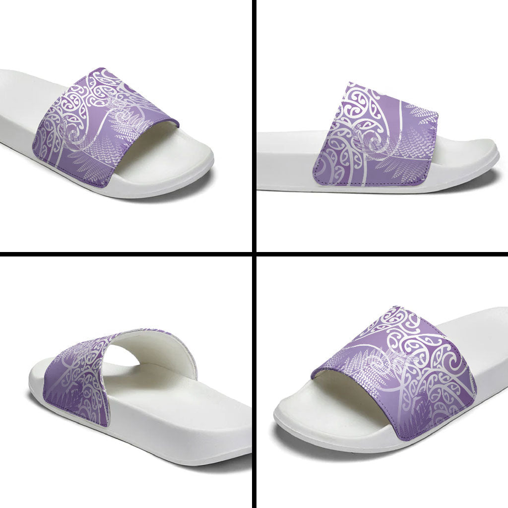 Aotearoa Maori Koru Curves Slide Sandals Silver Ferns - Amethyst LT7 - Polynesian Pride