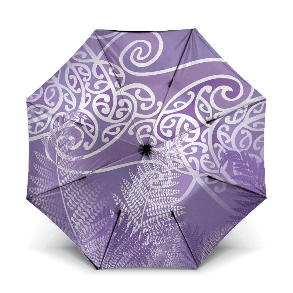 Aotearoa Maori Koru Curves Umbrella Silver Ferns - Amethyst LT7 One Size Folded 11.42 inch Opened Diameter 37.4 inch Purple - Polynesian Pride