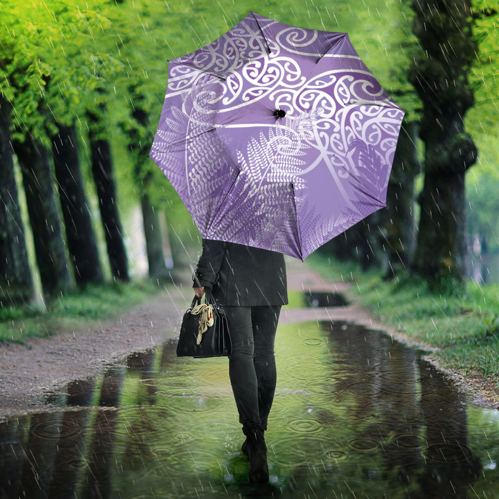 Aotearoa Maori Koru Curves Umbrella Silver Ferns - Amethyst LT7 - Polynesian Pride