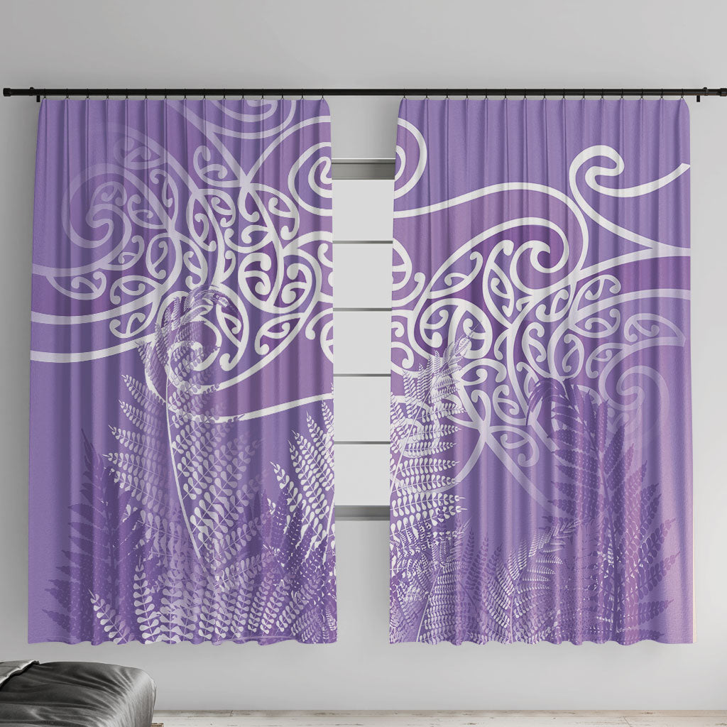 Aotearoa Maori Koru Curves Window Curtain Silver Ferns - Amethyst LT7 With Hooks Purple - Polynesian Pride