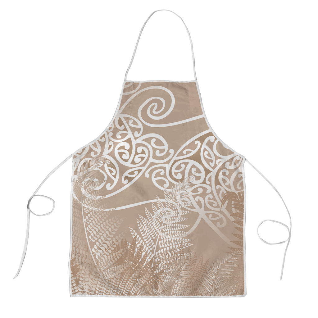 Aotearoa Maori Koru Curves Apron Silver Ferns - Mocha LT7 Beige - Polynesian Pride