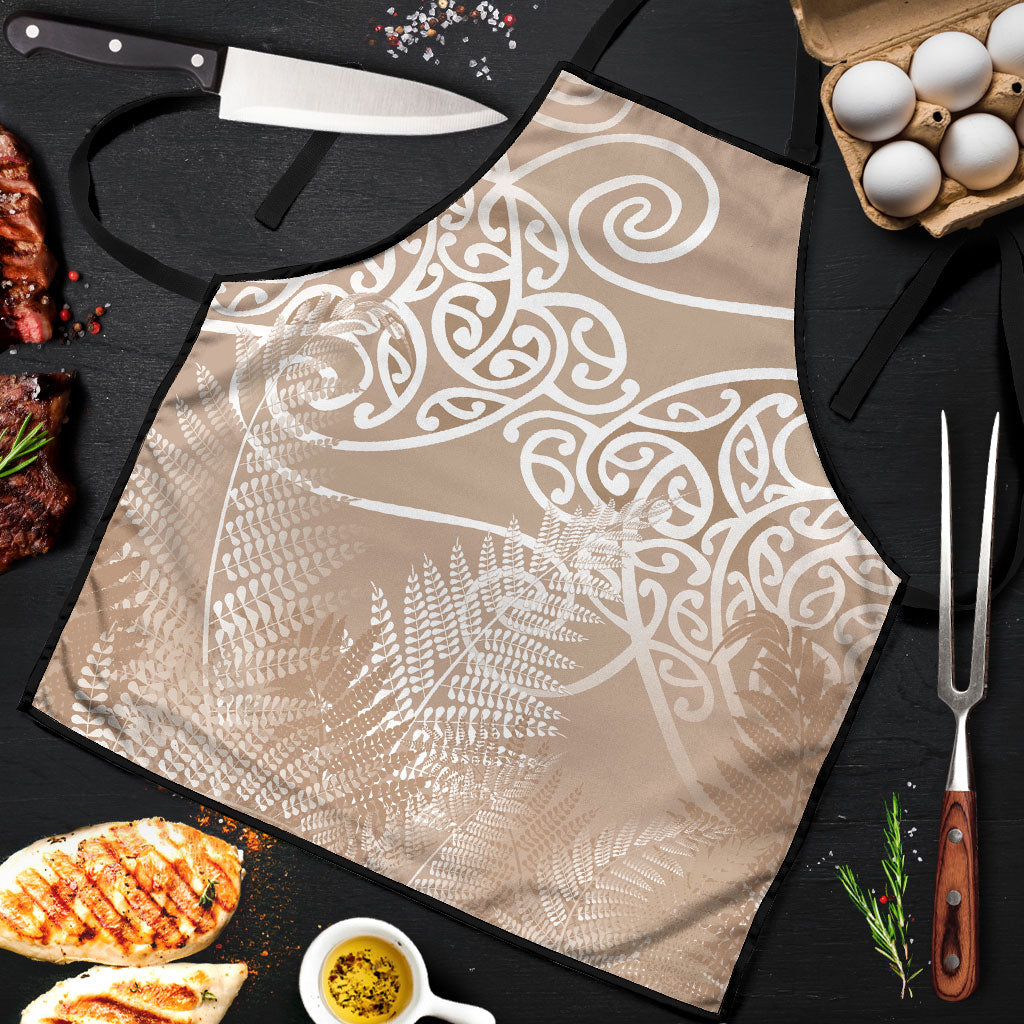 Aotearoa Maori Koru Curves Apron Silver Ferns - Mocha LT7 Beige - Polynesian Pride