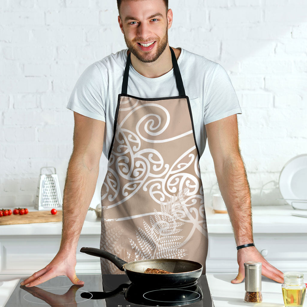 Aotearoa Maori Koru Curves Apron Silver Ferns - Mocha LT7 - Polynesian Pride