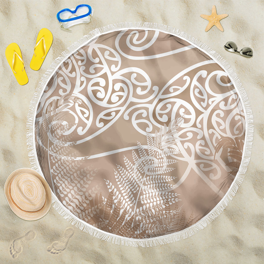 Aotearoa Maori Koru Curves Beach Blanket Silver Ferns - Mocha LT7 One Size 150cm Beige - Polynesian Pride