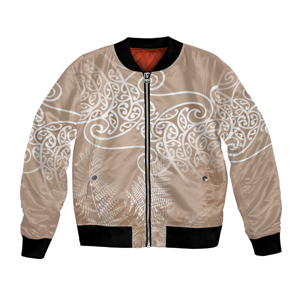 Aotearoa Maori Koru Curves Bomber Jacket Silver Ferns - Mocha LT7 Unisex Beige - Polynesian Pride