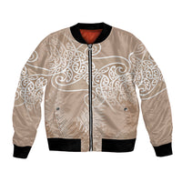 Aotearoa Maori Koru Curves Bomber Jacket Silver Ferns - Mocha LT7 Unisex Beige - Polynesian Pride