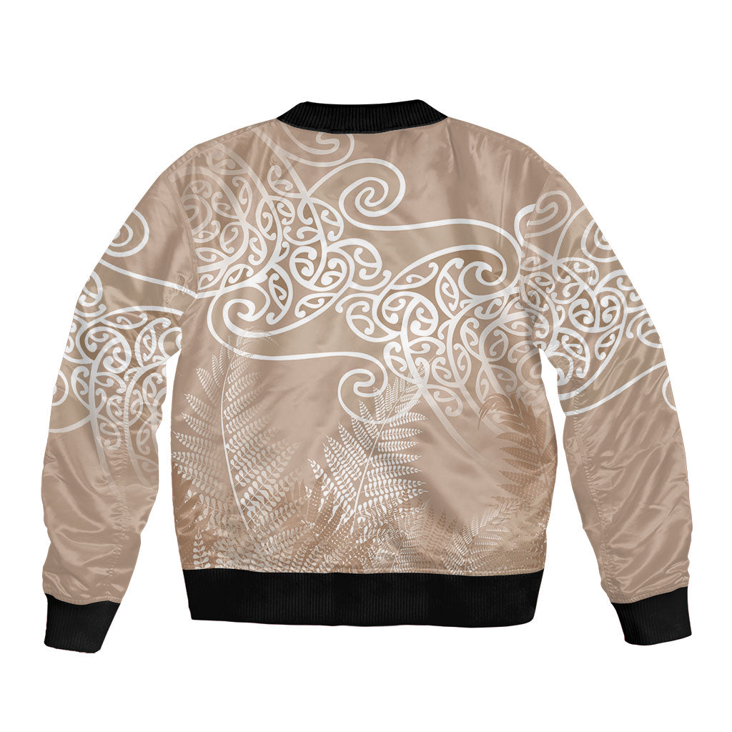 Aotearoa Maori Koru Curves Bomber Jacket Silver Ferns - Mocha LT7 - Polynesian Pride