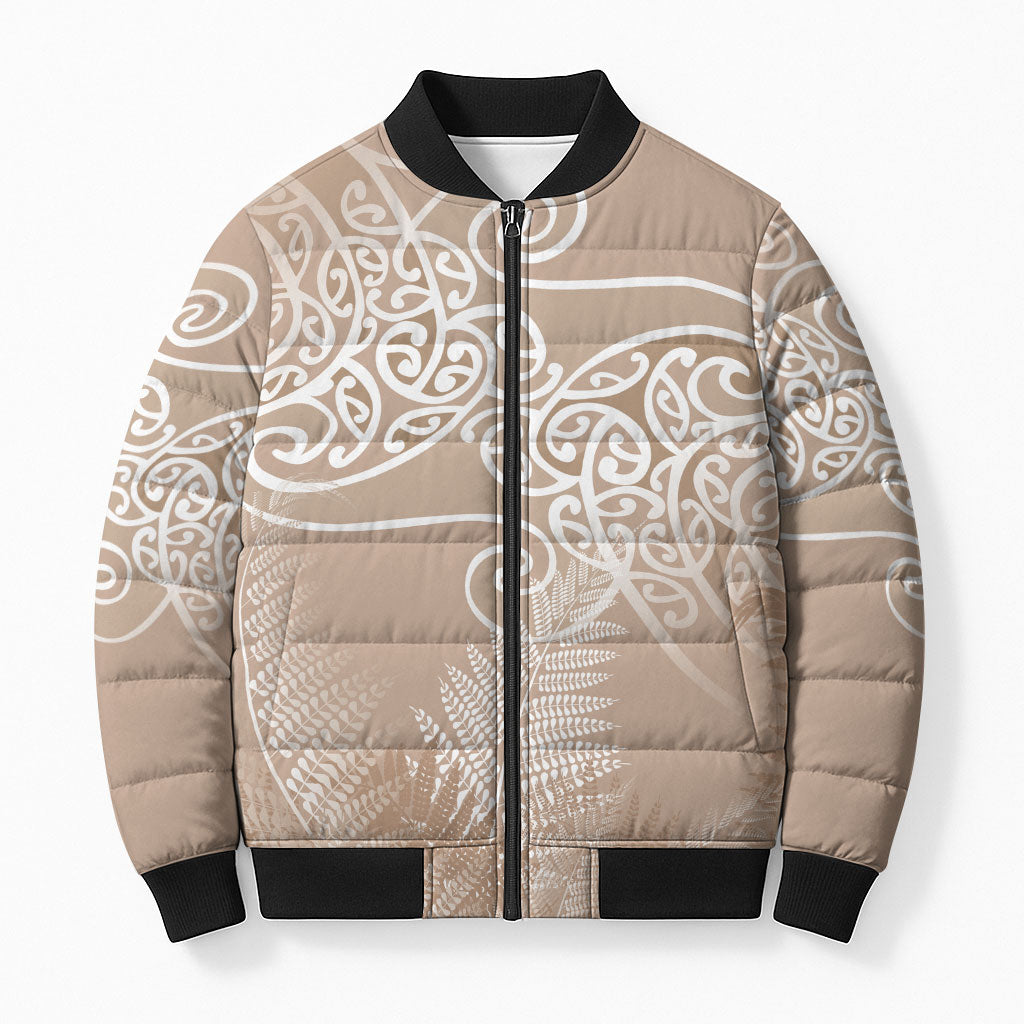 Aotearoa Maori Koru Curves Bomber Puffer Jacket Silver Ferns - Mocha LT7 Unisex Beige - Polynesian Pride