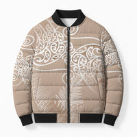 Aotearoa Maori Koru Curves Bomber Puffer Jacket Silver Ferns - Mocha LT7 Unisex Beige - Polynesian Pride