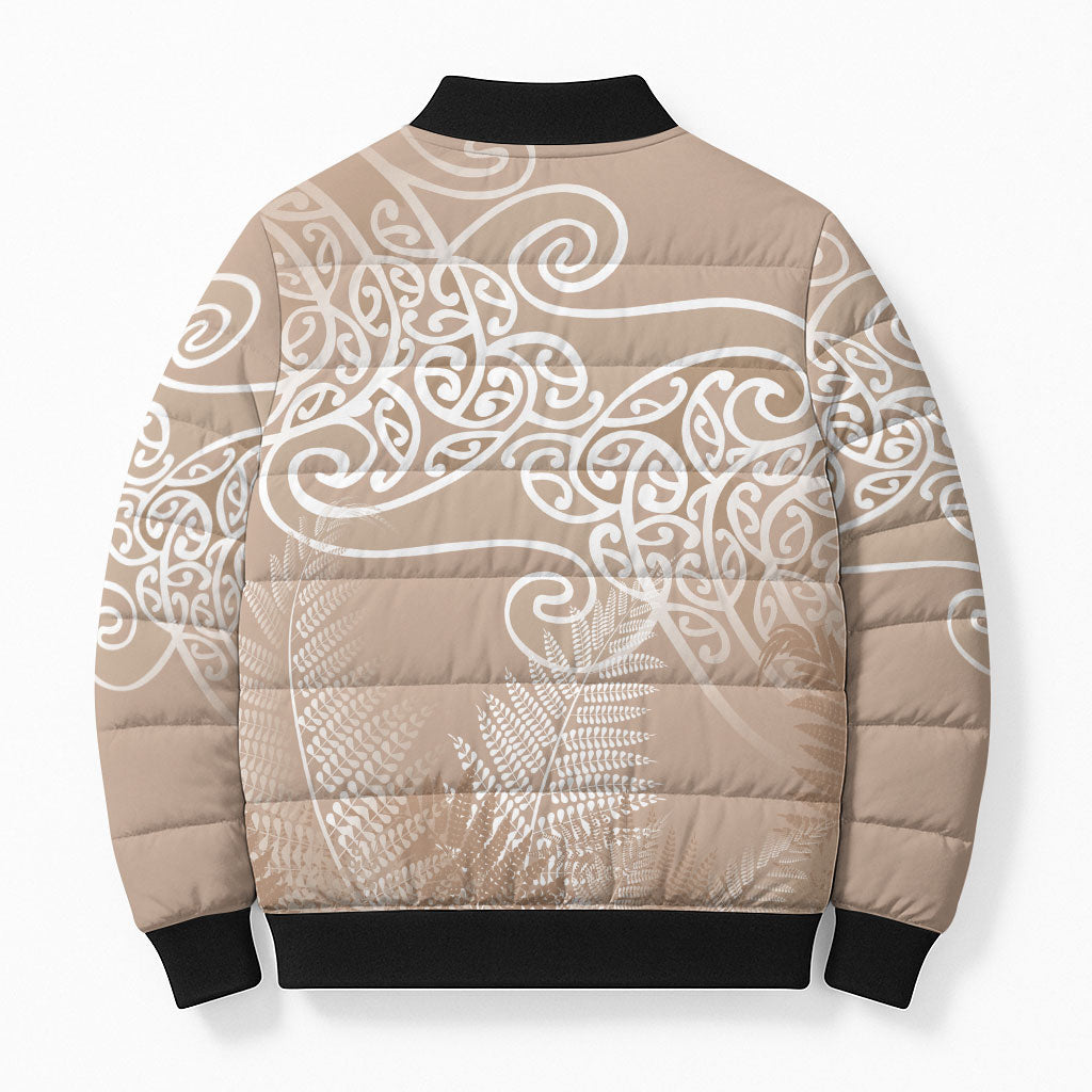 Aotearoa Maori Koru Curves Bomber Puffer Jacket Silver Ferns - Mocha LT7 - Polynesian Pride