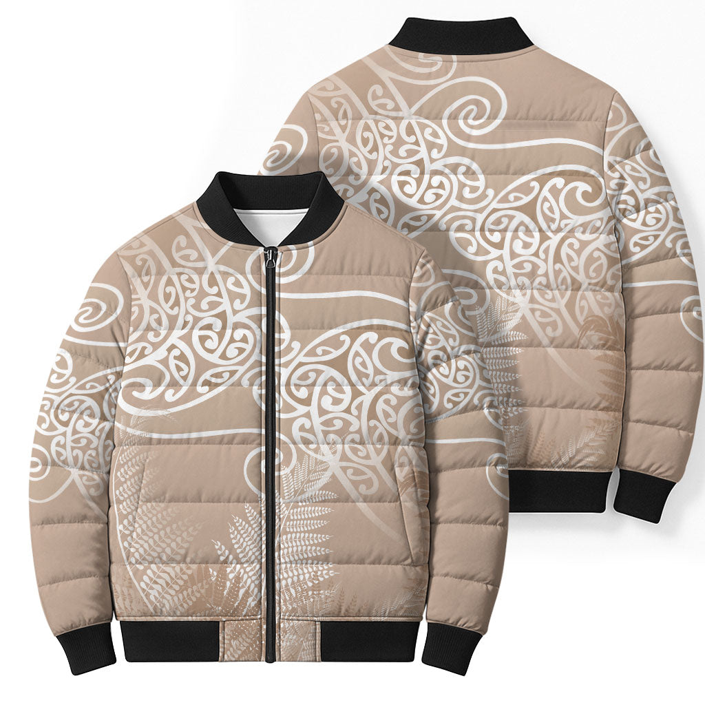 Aotearoa Maori Koru Curves Bomber Puffer Jacket Silver Ferns - Mocha LT7 - Polynesian Pride