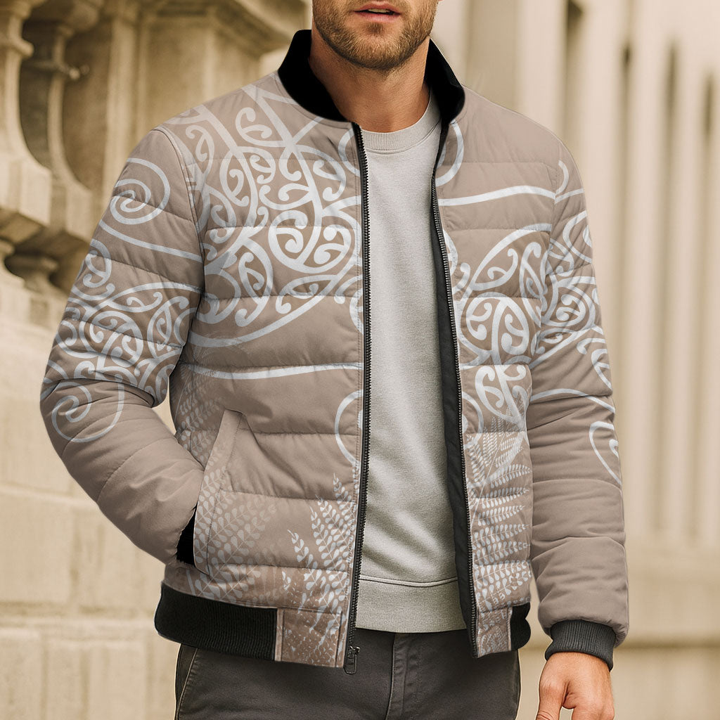 Aotearoa Maori Koru Curves Bomber Puffer Jacket Silver Ferns - Mocha LT7 - Polynesian Pride