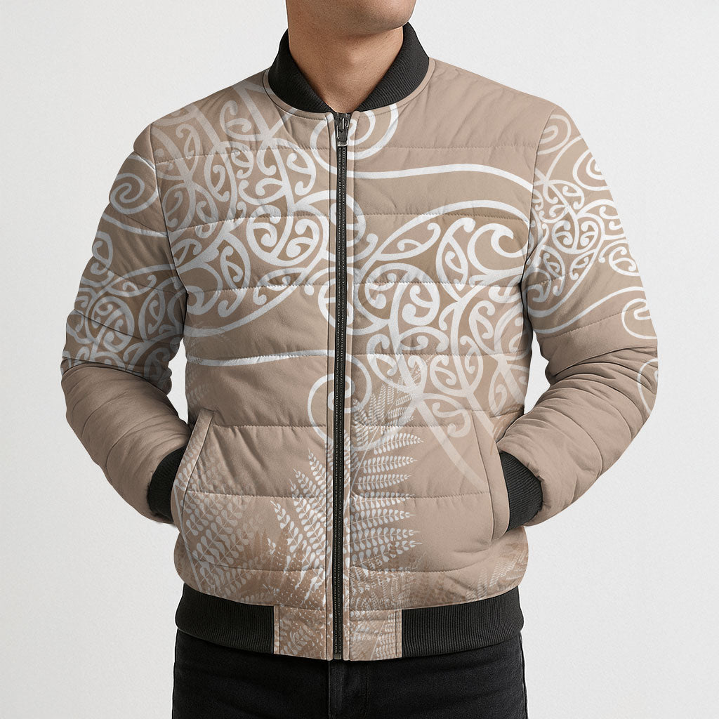Aotearoa Maori Koru Curves Bomber Puffer Jacket Silver Ferns - Mocha LT7 - Polynesian Pride