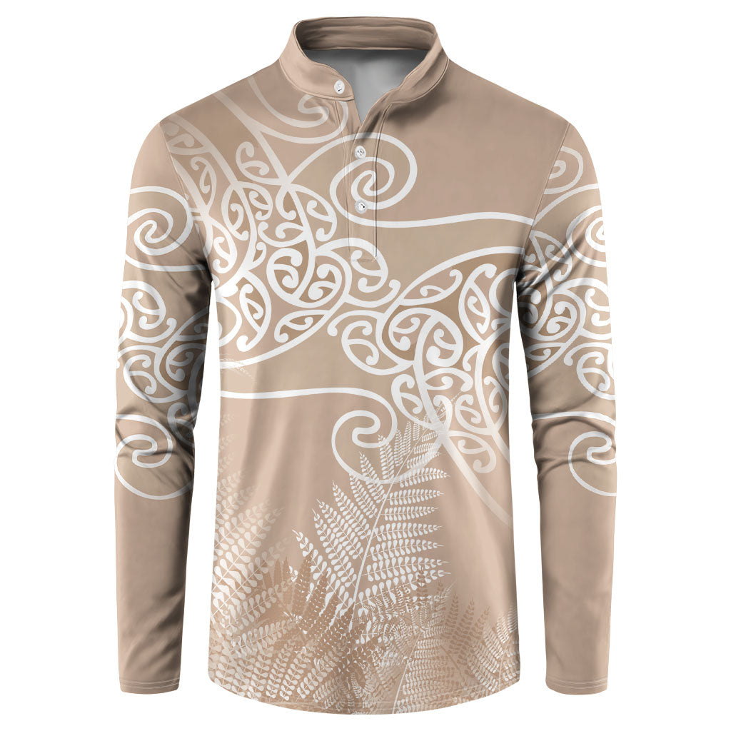 Aotearoa Maori Koru Curves Button Sweatshirt Silver Ferns - Mocha LT7 Beige - Polynesian Pride