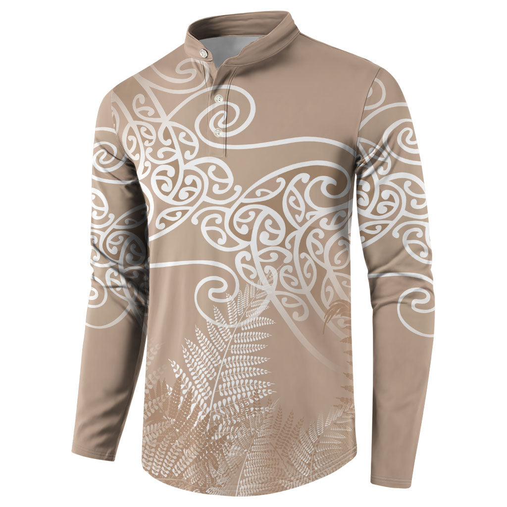 Aotearoa Maori Koru Curves Button Sweatshirt Silver Ferns - Mocha LT7 - Polynesian Pride