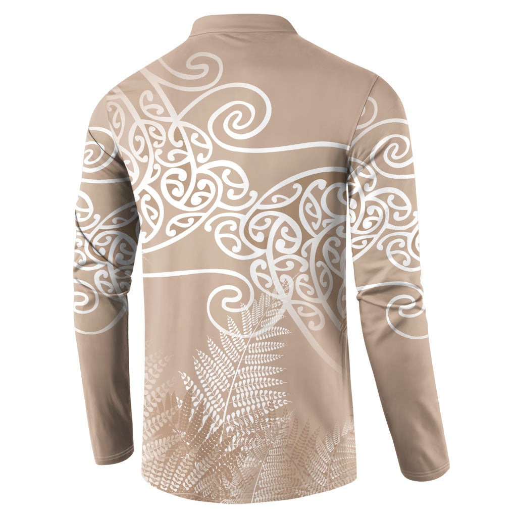 Aotearoa Maori Koru Curves Button Sweatshirt Silver Ferns - Mocha LT7 - Polynesian Pride