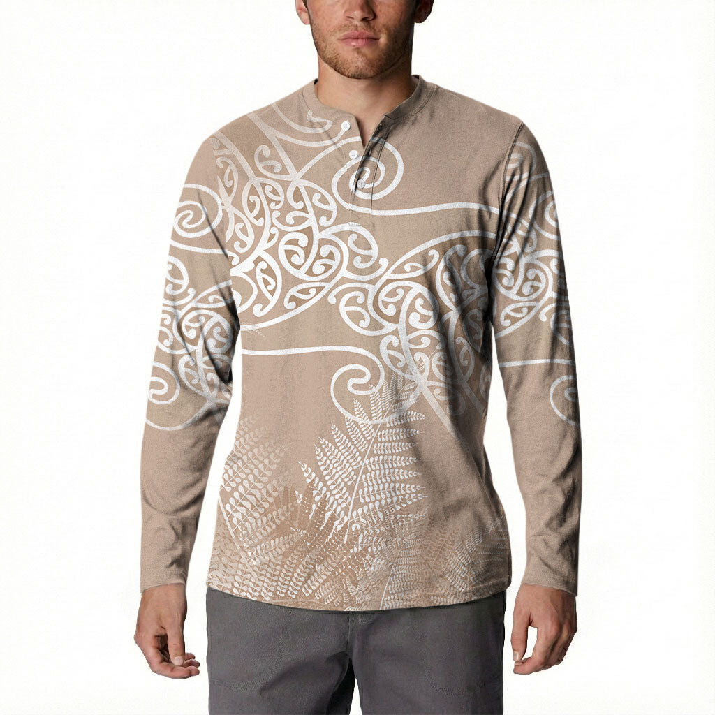 Aotearoa Maori Koru Curves Button Sweatshirt Silver Ferns - Mocha LT7 - Polynesian Pride