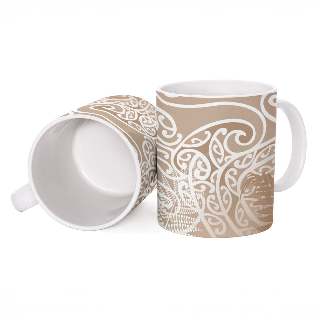 Aotearoa Maori Koru Curves Ceramic Mug Silver Ferns - Mocha LT7 - Polynesian Pride