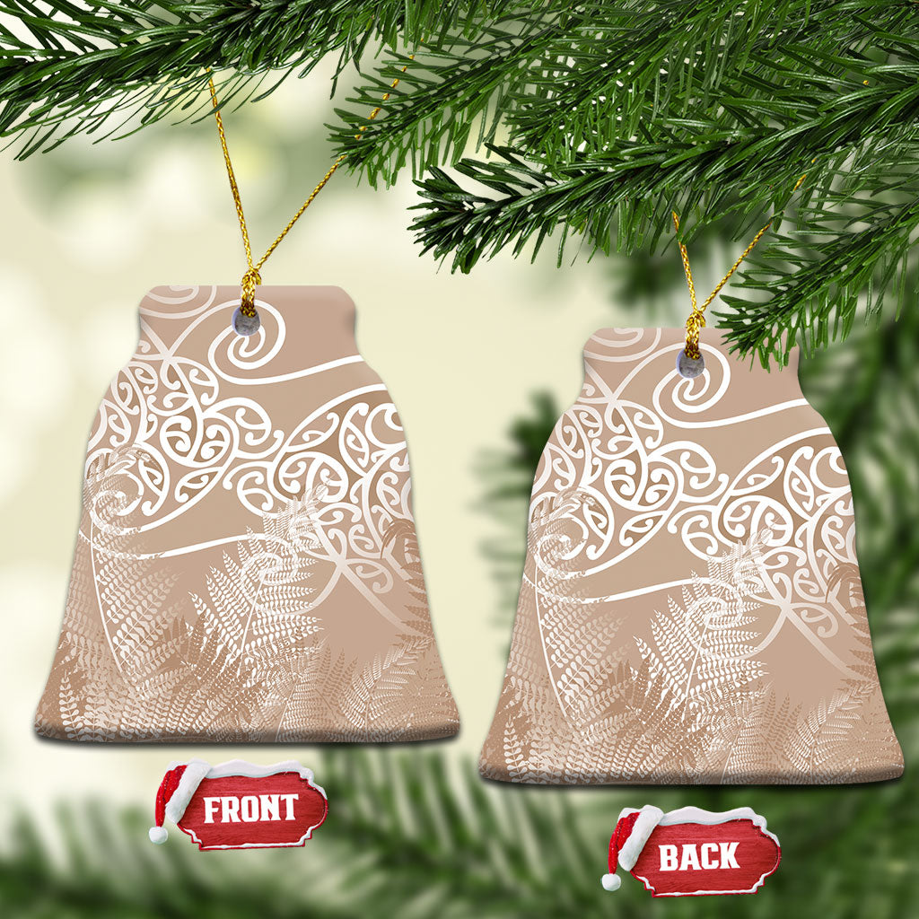 Aotearoa Maori Koru Curves Ceramic Ornament Silver Ferns - Mocha
