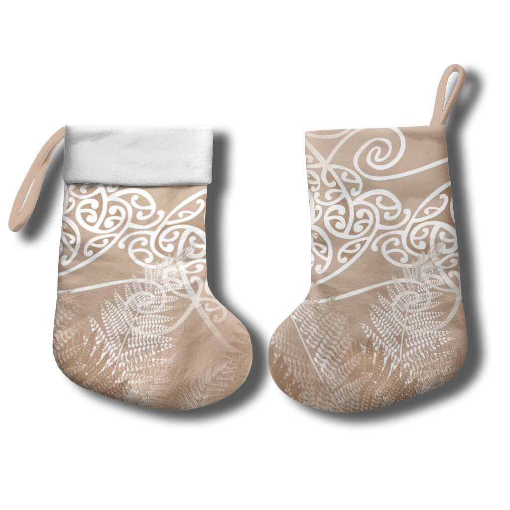 Aotearoa Maori Koru Curves Christmas Stocking Silver Ferns - Mocha