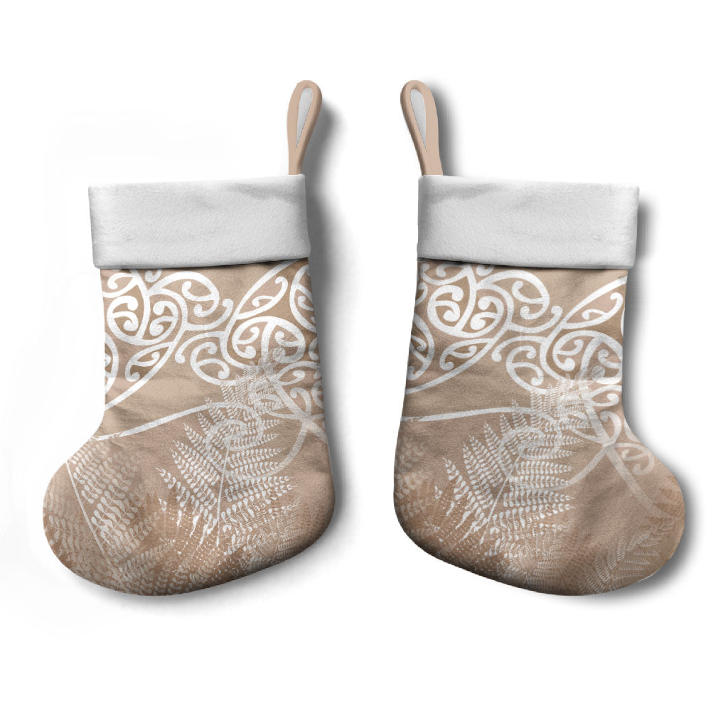 Aotearoa Maori Koru Curves Christmas Stocking Silver Ferns - Mocha