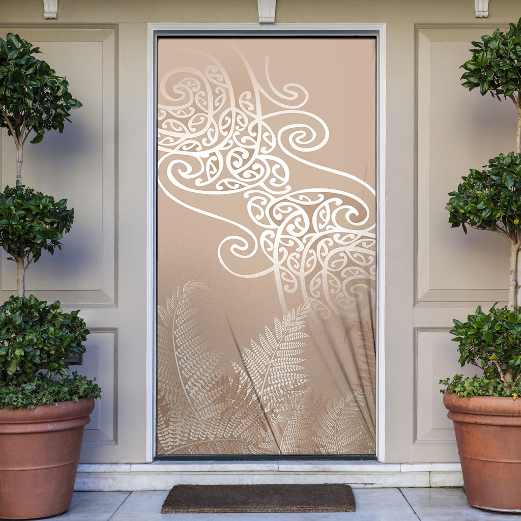 Aotearoa Maori Koru Curves Door Cover Silver Ferns - Mocha LT7 Beige - Polynesian Pride