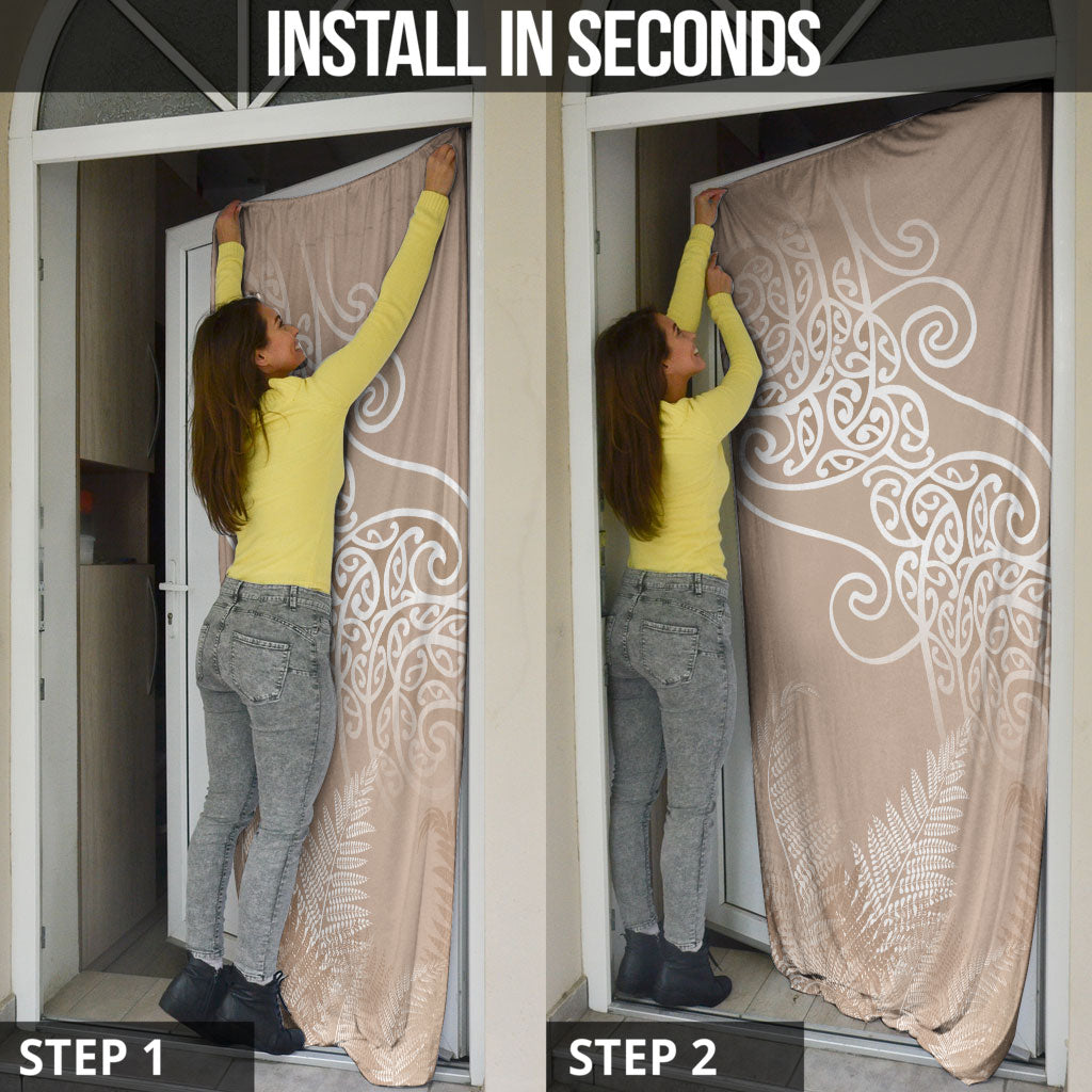 Aotearoa Maori Koru Curves Door Cover Silver Ferns - Mocha LT7 - Polynesian Pride