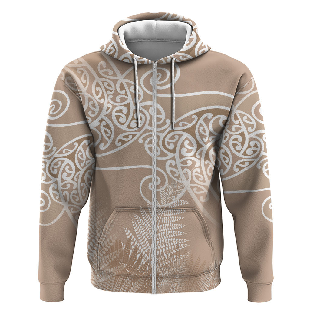 Aotearoa Maori Koru Curves Hoodie Silver Ferns - Mocha LT7 Zip Hoodie Beige - Polynesian Pride