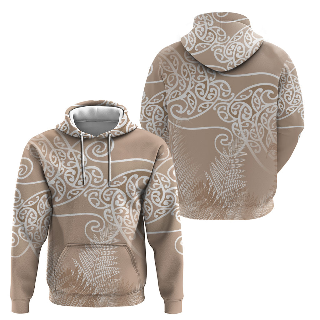 Aotearoa Maori Koru Curves Hoodie Silver Ferns - Mocha LT7 - Polynesian Pride