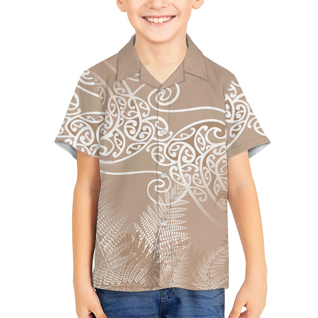 Aotearoa Maori Koru Curves Kid Hawaiian Shirt Silver Ferns - Mocha LT7 Kid Beige - Polynesian Pride