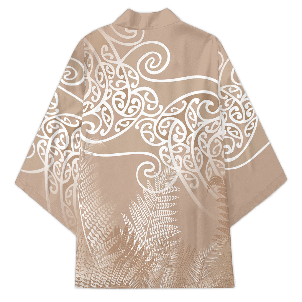 Aotearoa Maori Koru Curves Kimono Silver Ferns - Mocha LT7 - Polynesian Pride