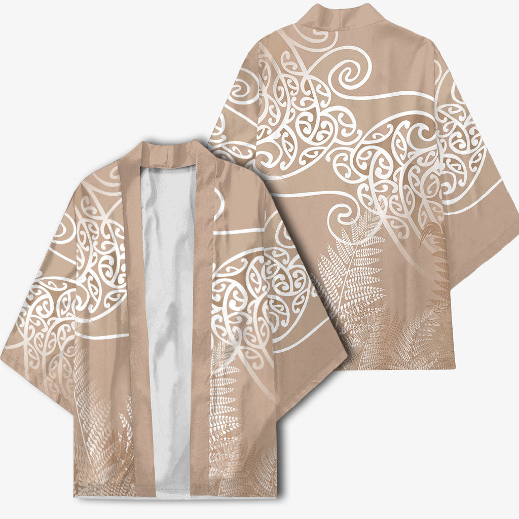 Aotearoa Maori Koru Curves Kimono Silver Ferns - Mocha LT7 - Polynesian Pride