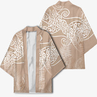 Aotearoa Maori Koru Curves Kimono Silver Ferns - Mocha LT7 - Polynesian Pride