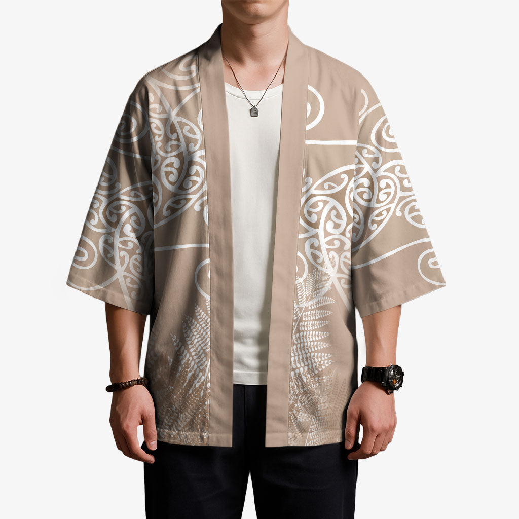 Aotearoa Maori Koru Curves Kimono Silver Ferns - Mocha LT7 - Polynesian Pride