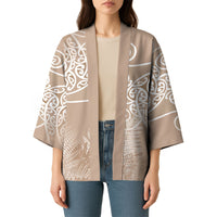 Aotearoa Maori Koru Curves Kimono Silver Ferns - Mocha LT7 - Polynesian Pride