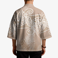 Aotearoa Maori Koru Curves Kimono Silver Ferns - Mocha LT7 - Polynesian Pride