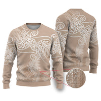 Aotearoa Maori Koru Curves Ugly Christmas Sweater Silver Ferns - Mocha