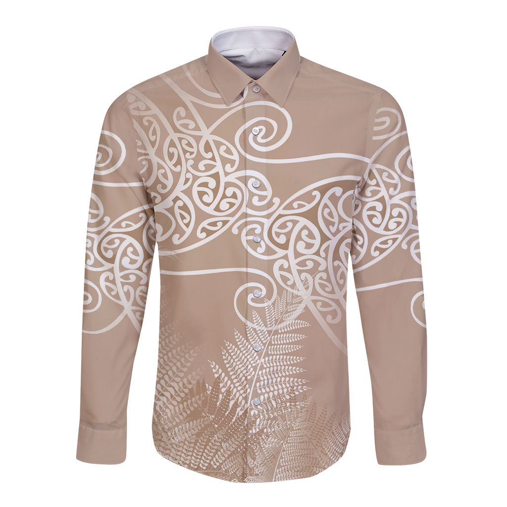 Aotearoa Maori Koru Curves Long Sleeve Button Shirt Silver Ferns - Mocha LT7 Unisex Beige - Polynesian Pride