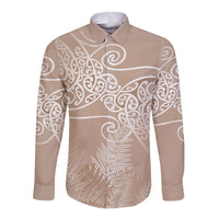 Aotearoa Maori Koru Curves Long Sleeve Button Shirt Silver Ferns - Mocha LT7 Unisex Beige - Polynesian Pride