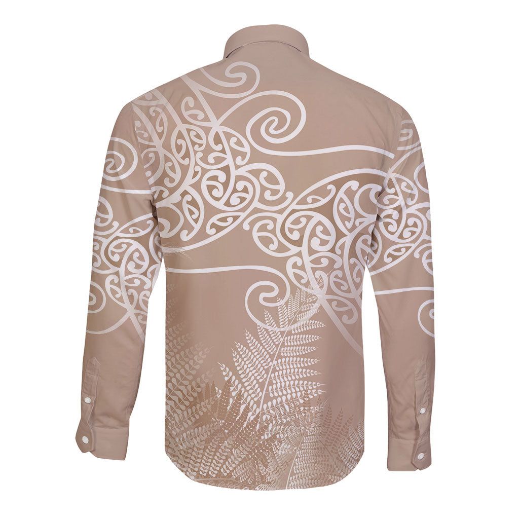 Aotearoa Maori Koru Curves Long Sleeve Button Shirt Silver Ferns - Mocha LT7 - Polynesian Pride