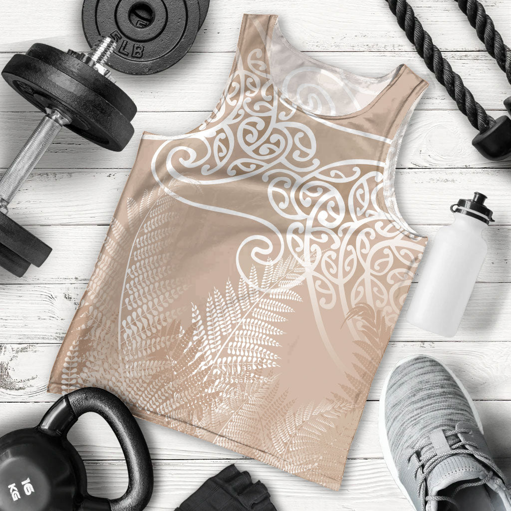 Aotearoa Maori Koru Curves Men Tank Top Silver Ferns - Mocha LT7 - Polynesian Pride