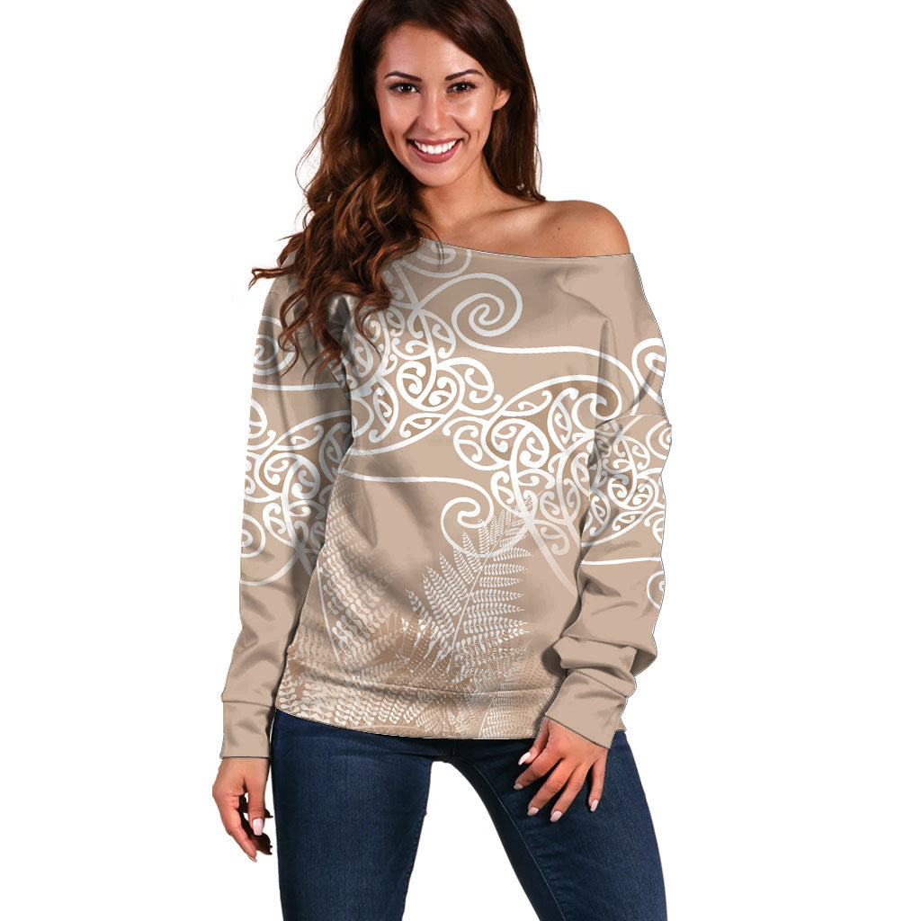 Aotearoa Maori Koru Curves Off Shoulder Sweater Silver Ferns - Mocha LT7 Women Beige - Polynesian Pride
