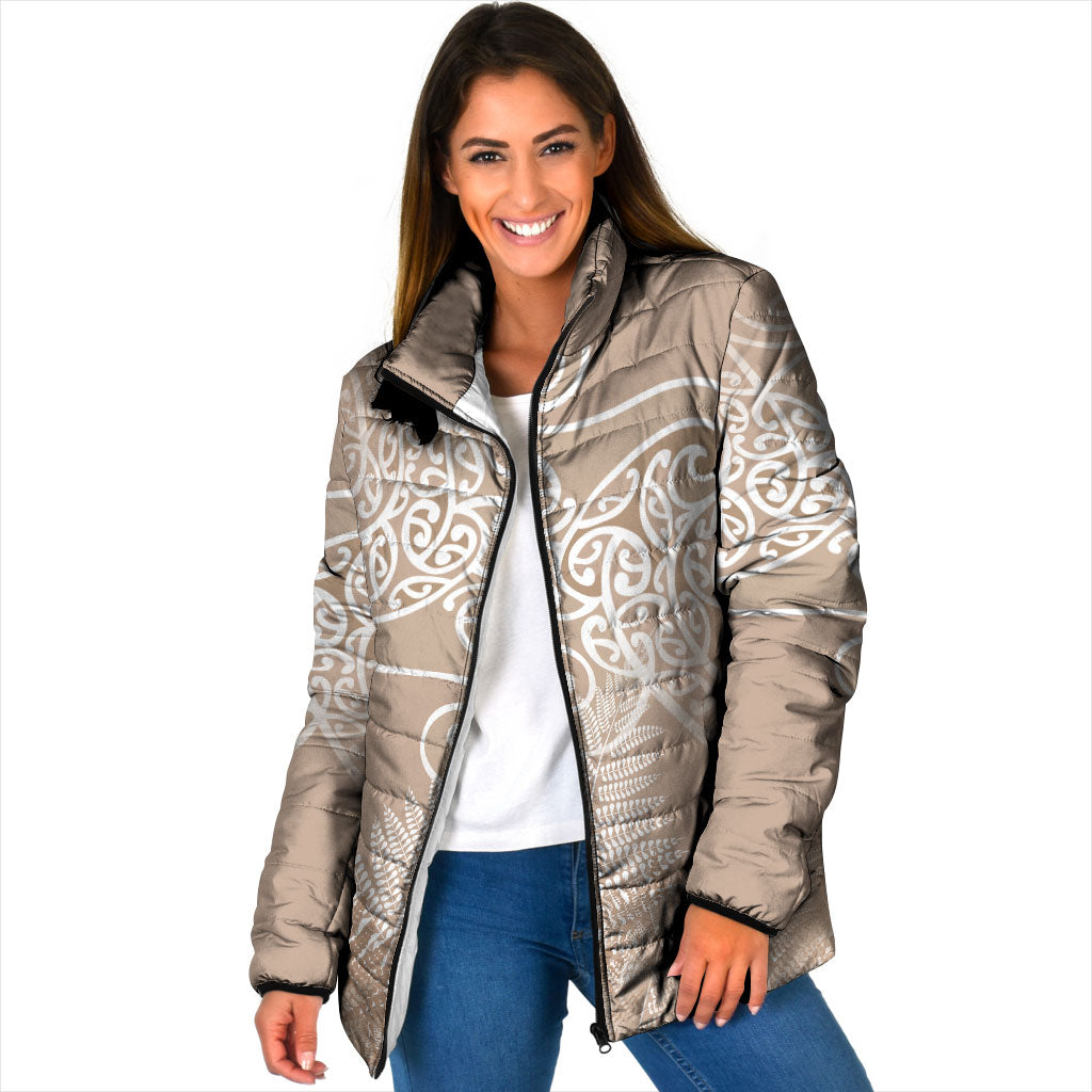 Aotearoa Maori Koru Curves Padded Jacket Silver Ferns - Mocha LT7 Women Beige - Polynesian Pride