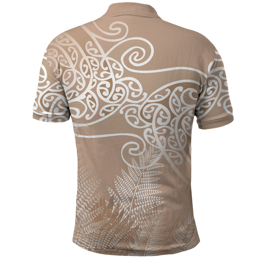 Aotearoa Maori Koru Curves Polo Shirt Silver Ferns - Mocha LT7 - Polynesian Pride