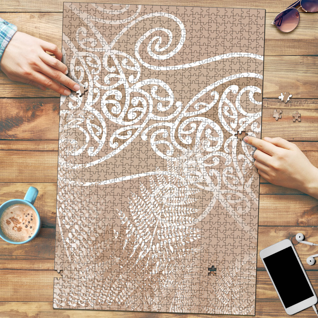 Aotearoa Maori Koru Curves Puzzle Silver Ferns - Mocha LT7 Beige - Polynesian Pride
