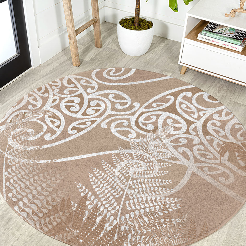 Aotearoa Maori Koru Curves Round Carpet Silver Ferns - Mocha LT7 Beige - Polynesian Pride